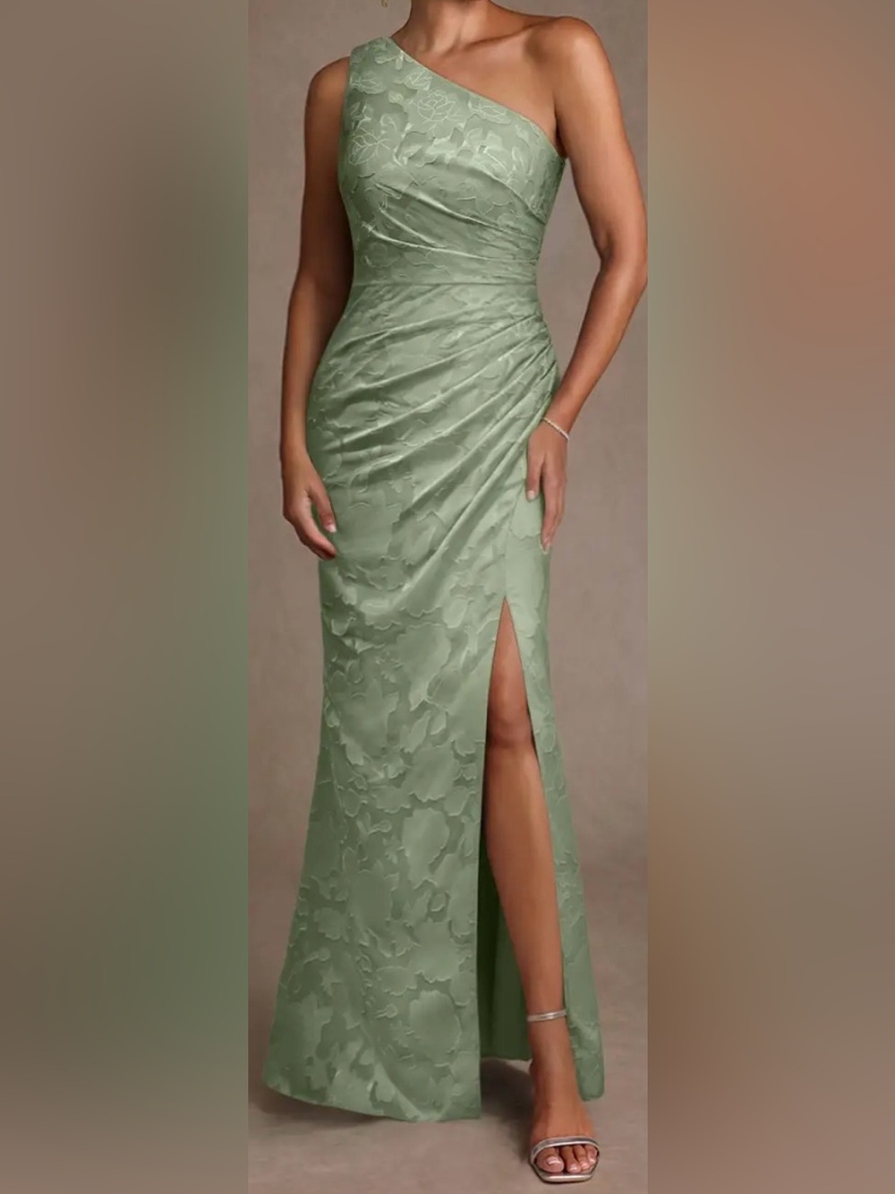 One-Shoulder Sage Green Jacquard Evening Gown